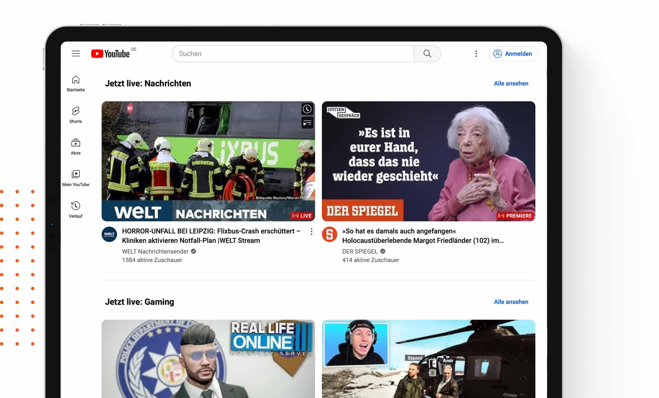 YouTube-Livestreams auf einem Tablet